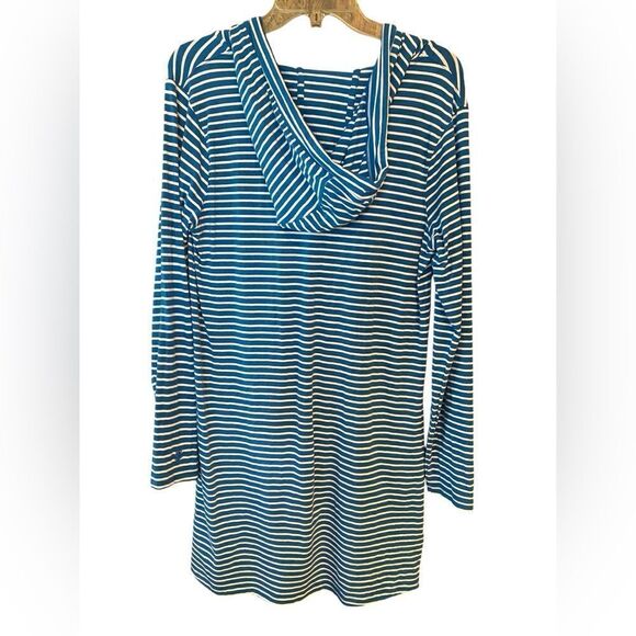 Coolibar Sz M Blue White Striped Pocket UPF 50 Hoodie Beach Swim Cover Dress - Picture 4 of 8